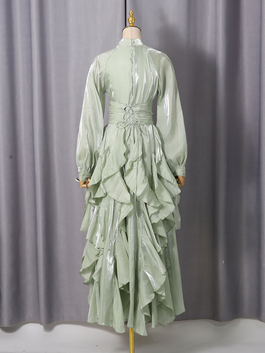 Green Ruffled Maxi Dress with High Neck & Tie Cuffs