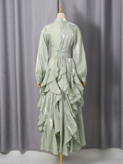 Green Ruffled Maxi Dress with High Neck & Tie Cuffs