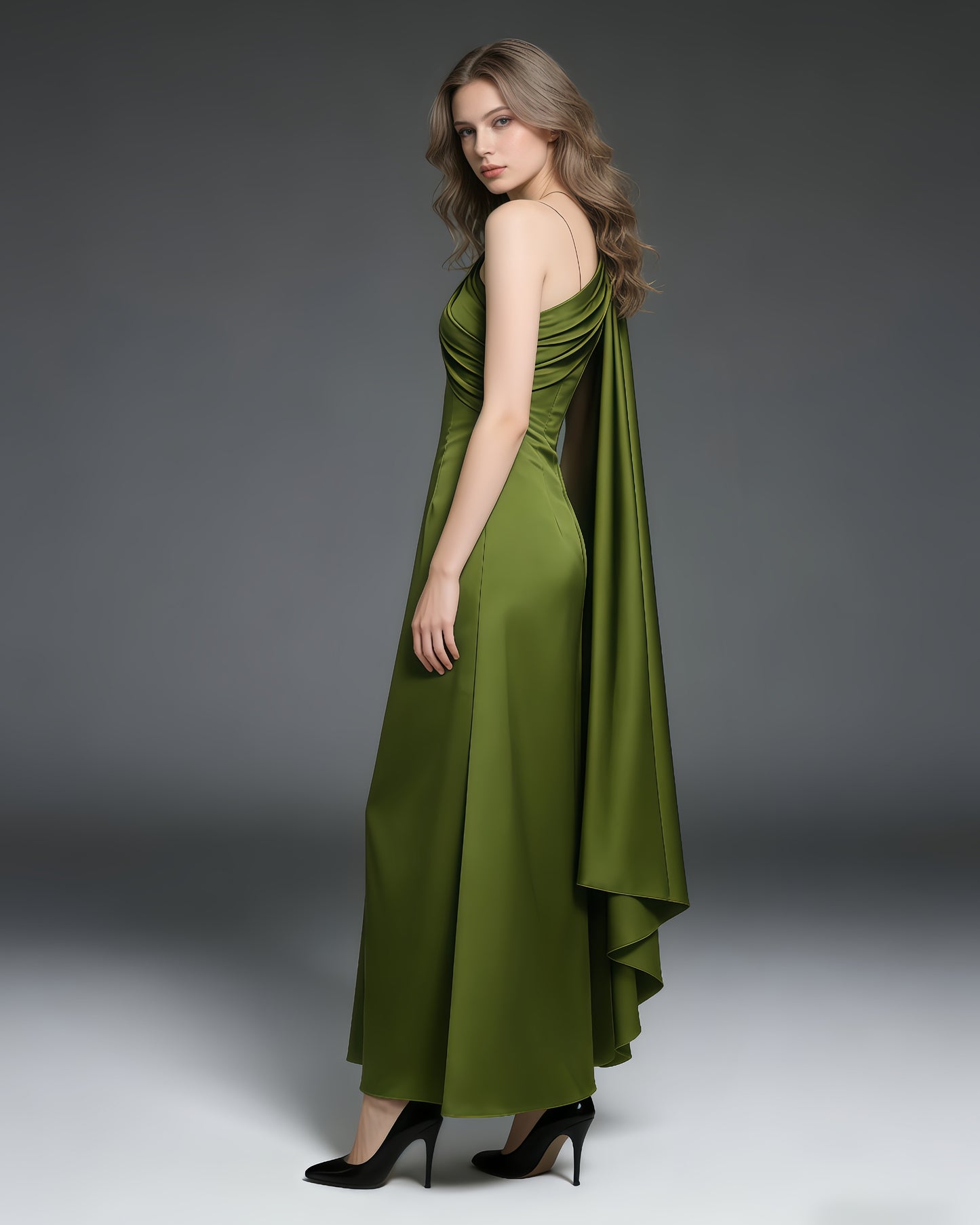 Green Satin Cape Maxi Dress