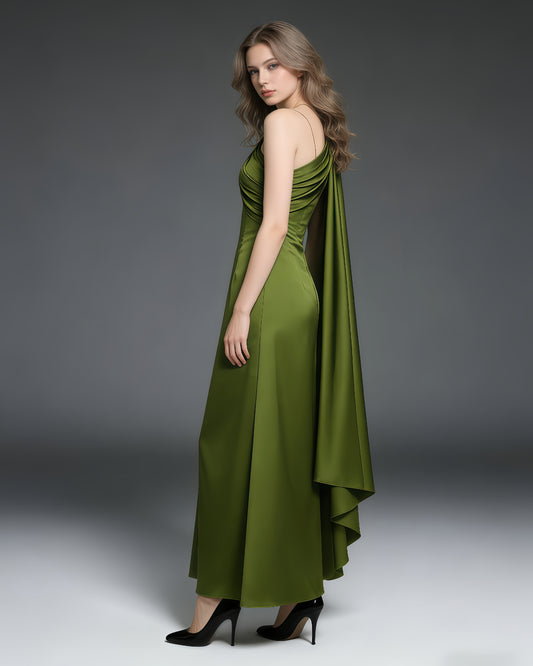 Green Satin Cape Maxi Dress