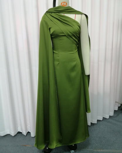 Green Satin Cape Maxi Dress