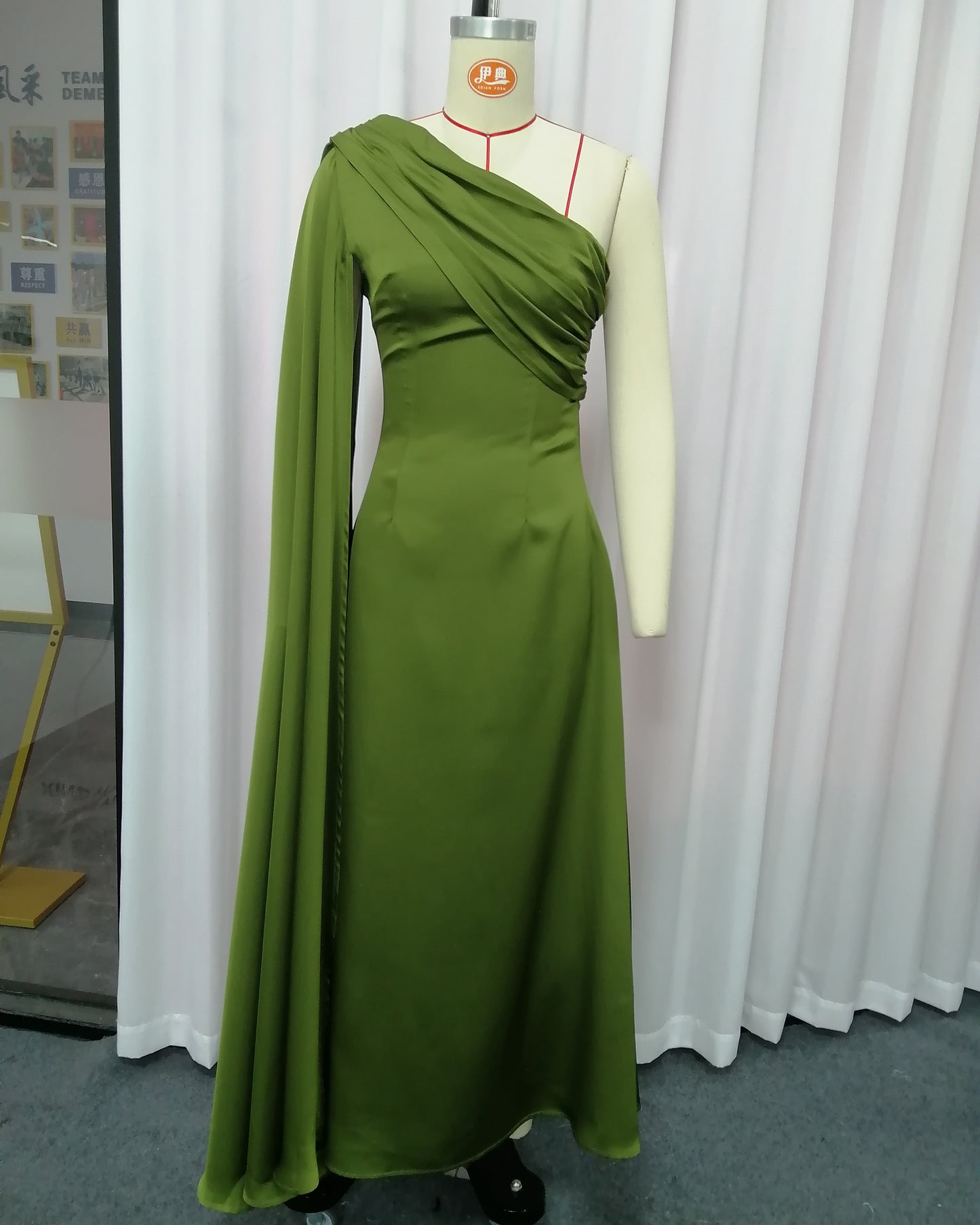 Green Satin Cape Maxi Dress