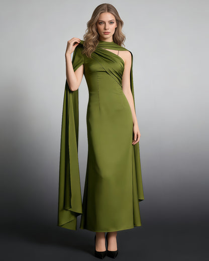 Green Satin Cape Maxi Dress