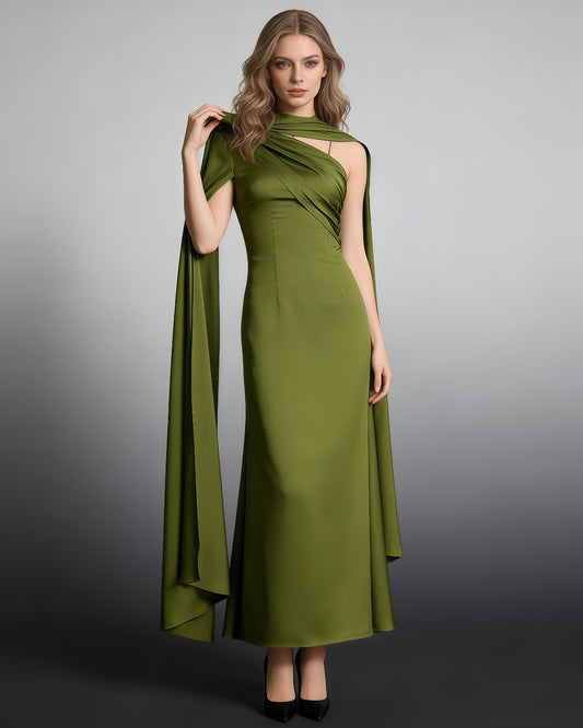 Green Satin Cape Maxi Dress