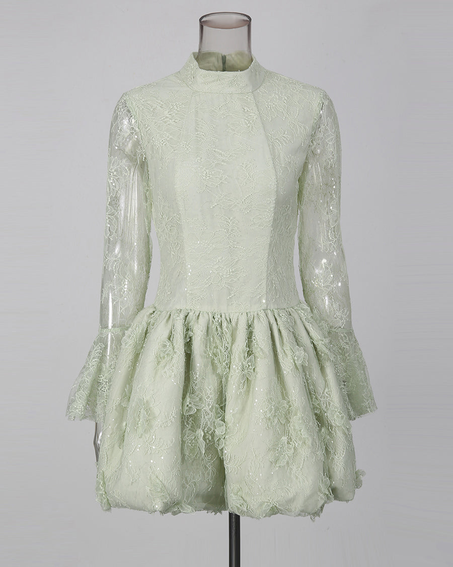Green Sequin Lace Flare Long Sleeve Mini Dress
