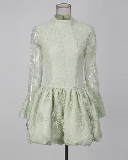 Green Sequin Lace Flare Long Sleeve Mini Dress