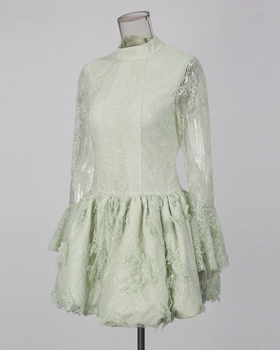 Green Sequin Lace Flare Long Sleeve Mini Dress