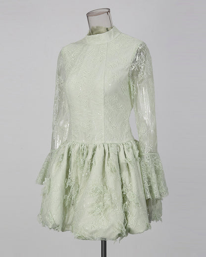 Green Sequin Lace Flare Long Sleeve Mini Dress