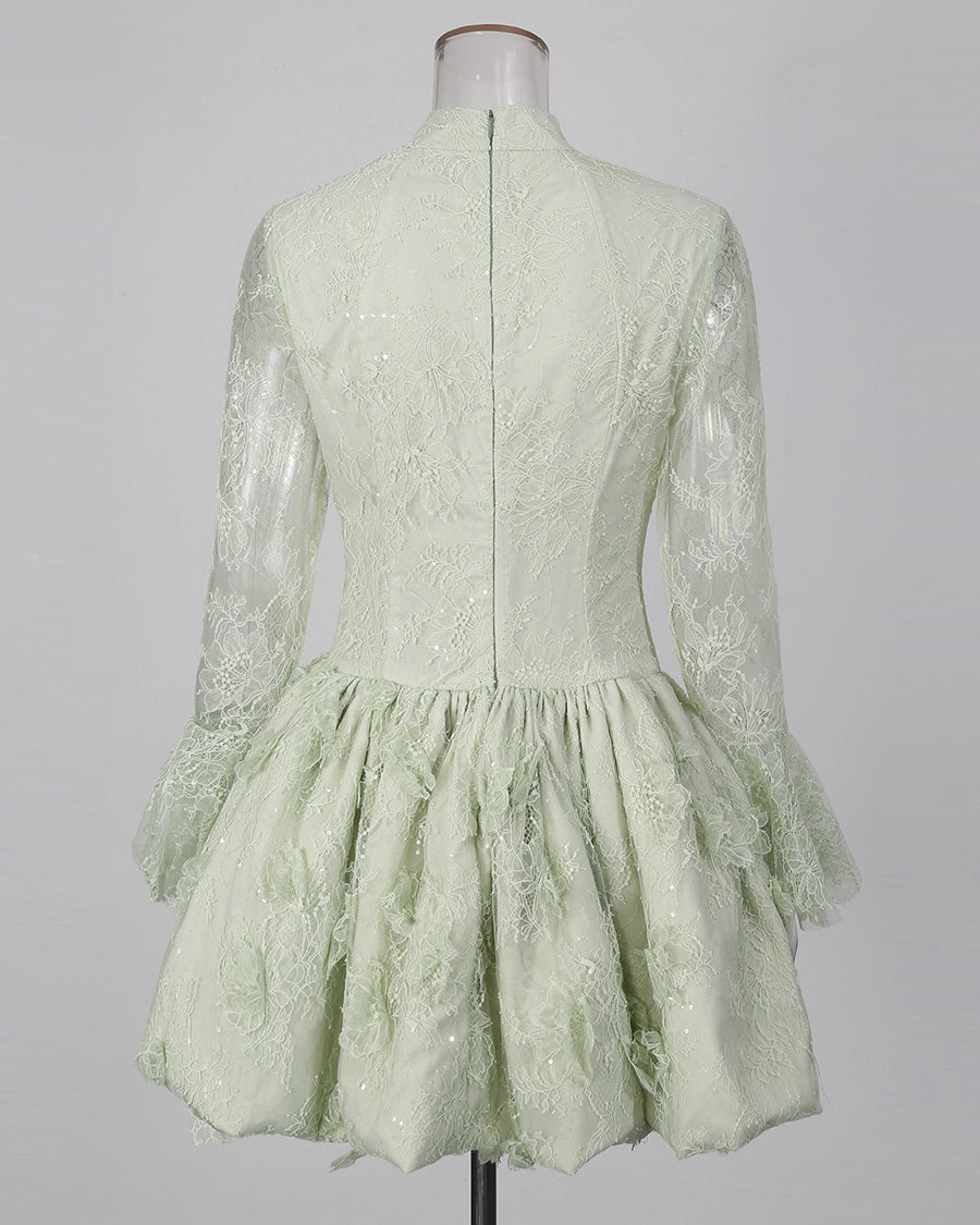 Green Sequin Lace Flare Long Sleeve Mini Dress