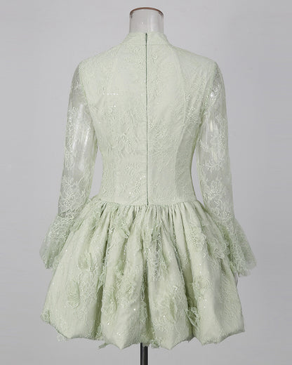 Green Sequin Lace Flare Long Sleeve Mini Dress