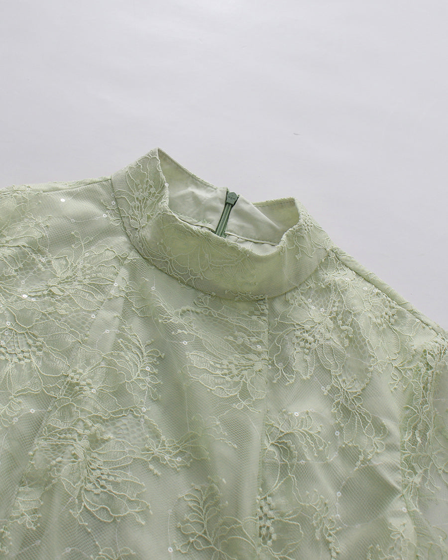 Green Sequin Lace Flare Long Sleeve Mini Dress
