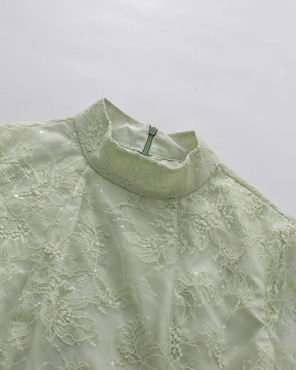 Green Sequin Lace Flare Long Sleeve Mini Dress