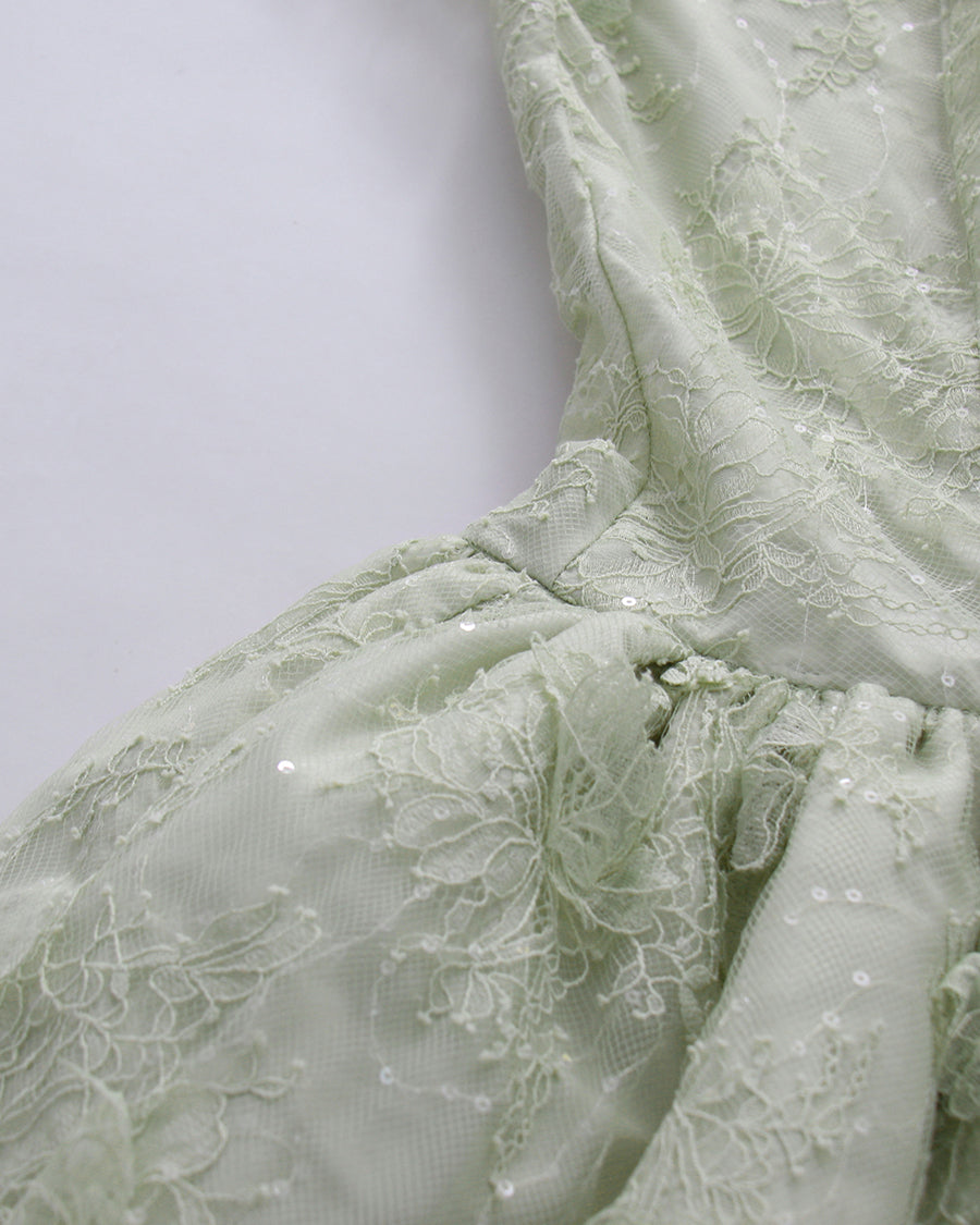 Green Sequin Lace Flare Long Sleeve Mini Dress