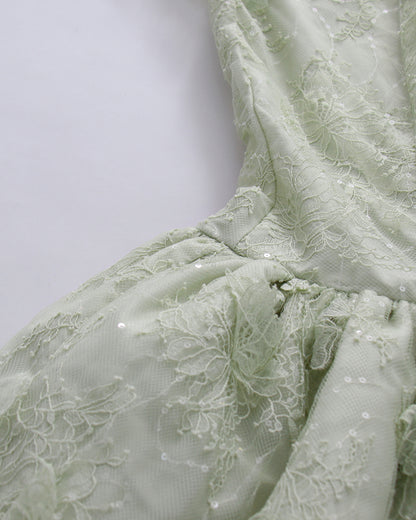Green Sequin Lace Flare Long Sleeve Mini Dress