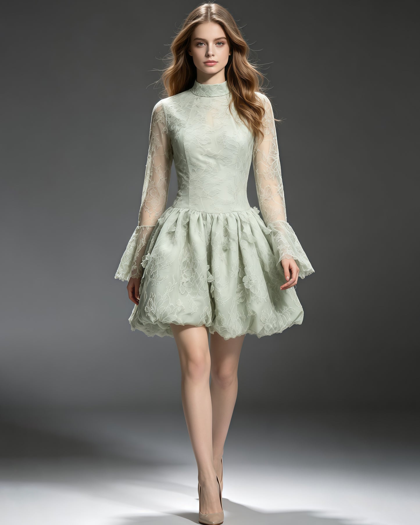 Green Sequin Lace Flare Long Sleeve Mini Dress