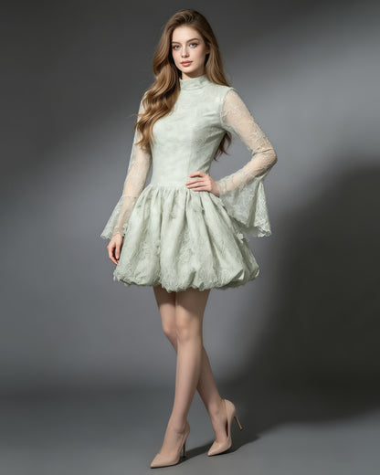 Green Sequin Lace Flare Long Sleeve Mini Dress