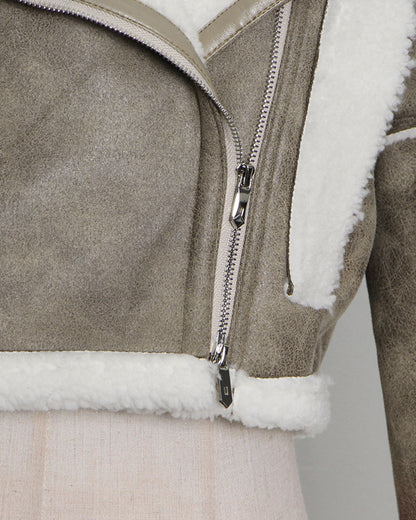 Green Shearling-Lined Cropped Moto Jacket