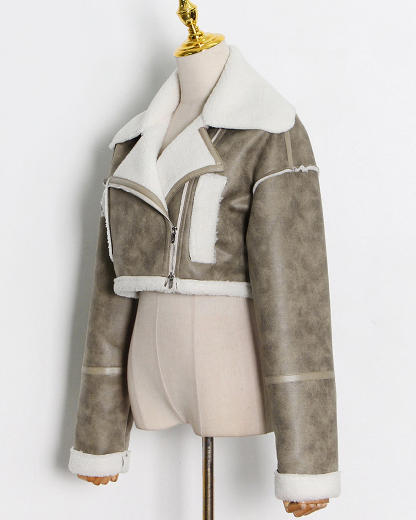 Green Shearling-Lined Cropped Moto Jacket