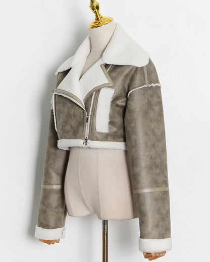 Green Shearling-Lined Cropped Moto Jacket