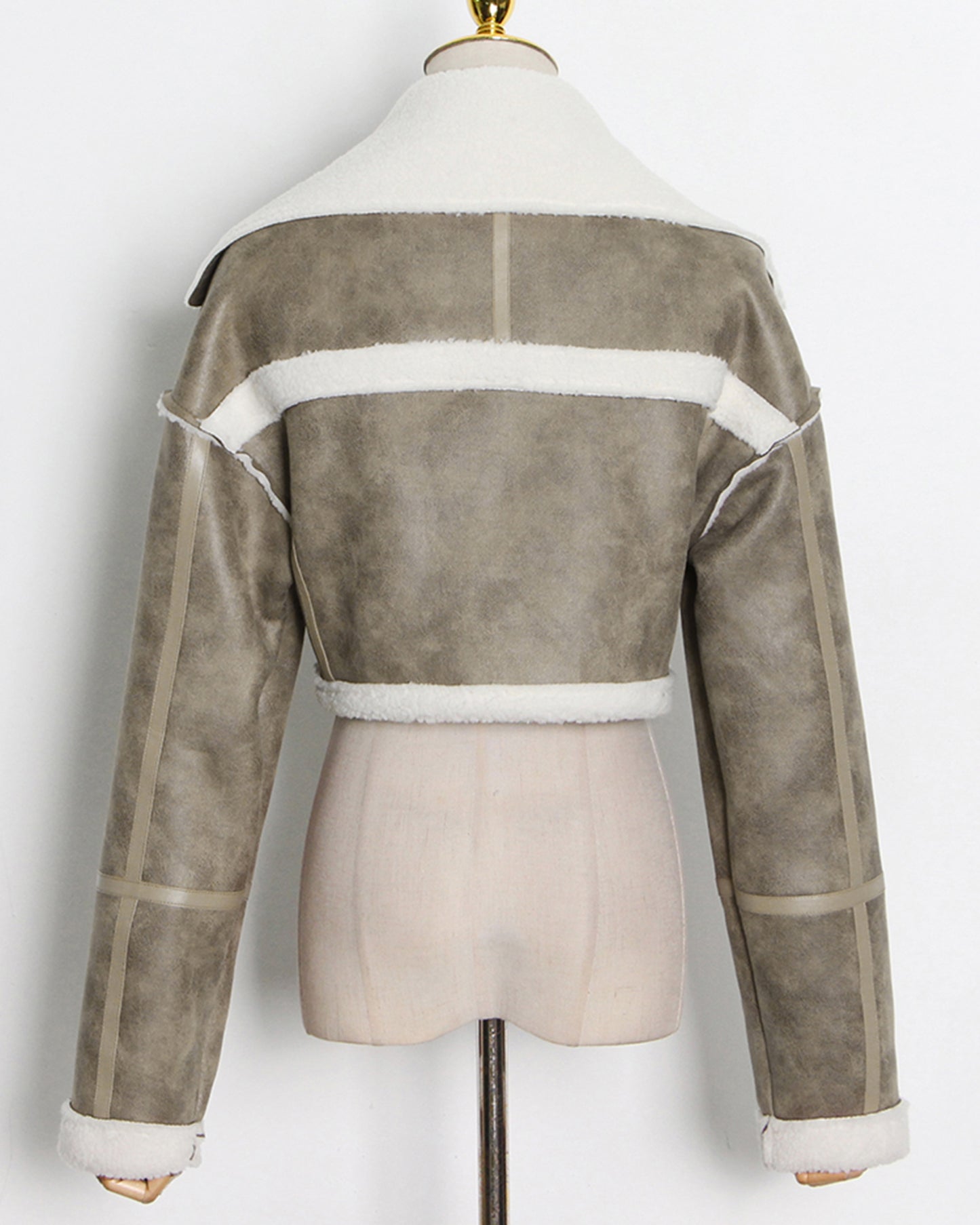 Green Shearling-Lined Cropped Moto Jacket
