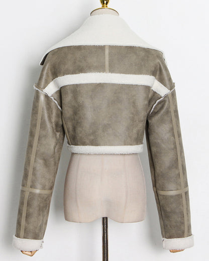 Green Shearling-Lined Cropped Moto Jacket