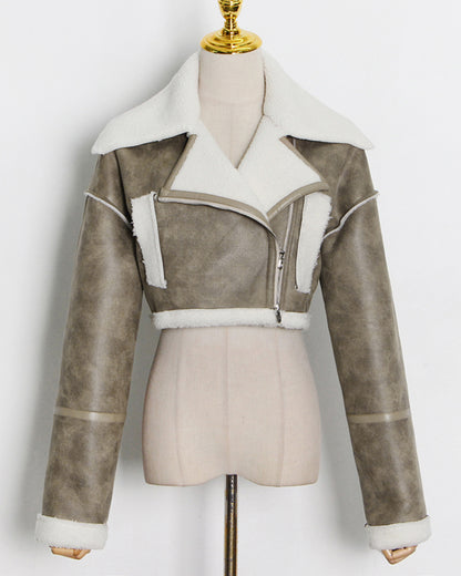 Green Shearling-Lined Cropped Moto Jacket