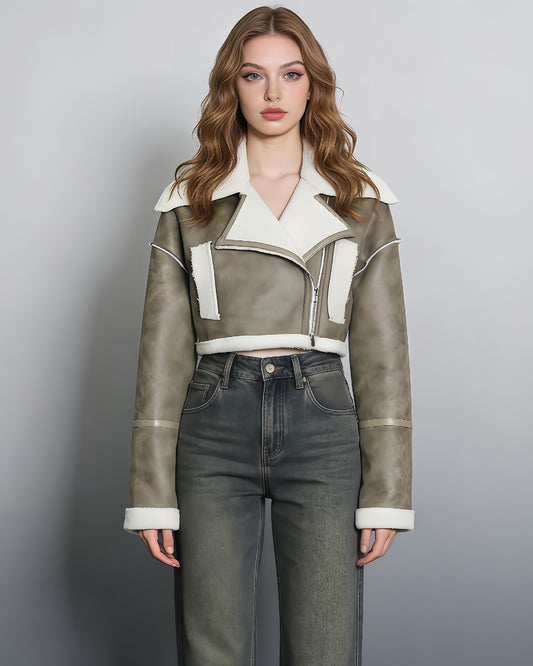 Green Shearling-Lined Cropped Moto Jacket