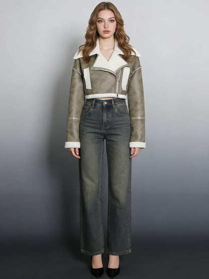 Green Shearling-Lined Cropped Moto Jacket