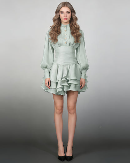 Green Shimmer Puff Sleeve Ruffled Mini Dress