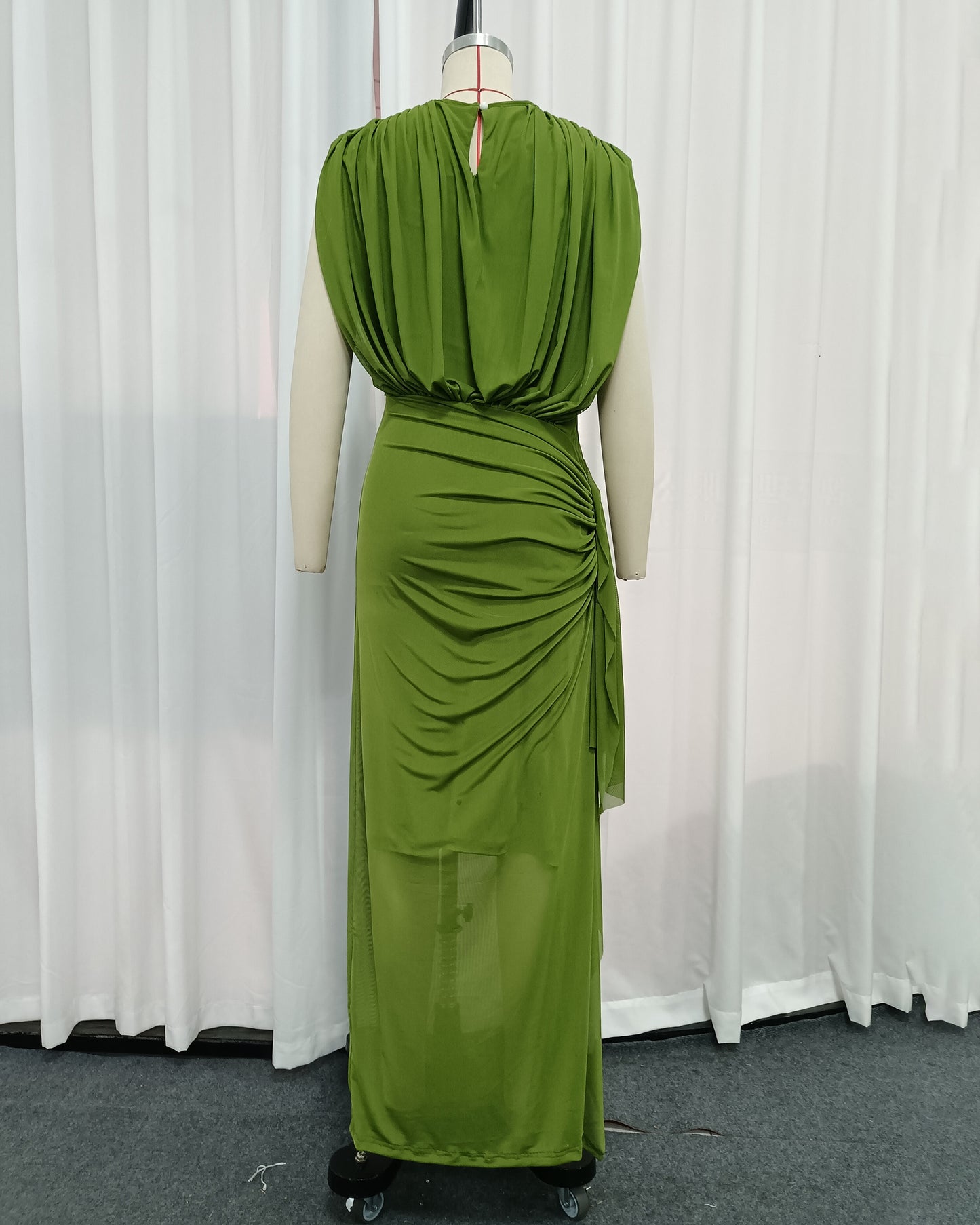 Green Sleeveless Ruched Mesh High Slit Maxi Dress