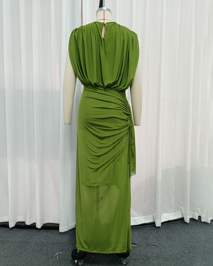 Green Sleeveless Ruched Mesh High Slit Maxi Dress