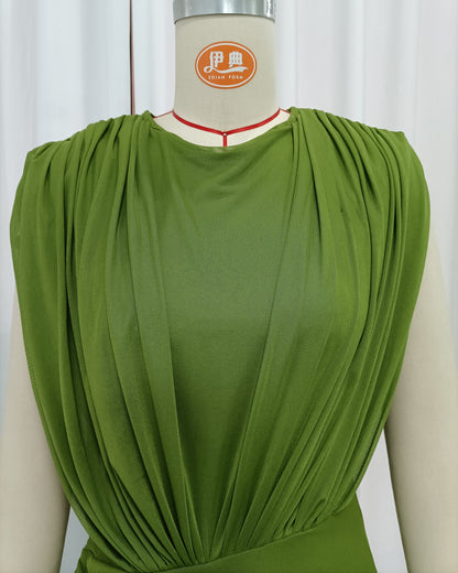 Green Sleeveless Ruched Mesh High Slit Maxi Dress