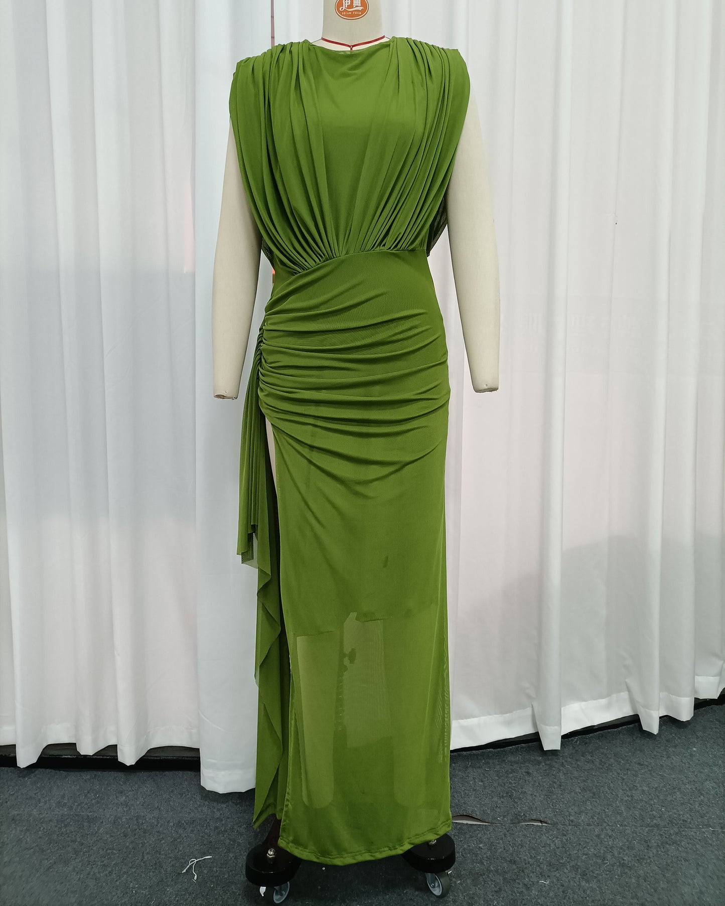 Green Sleeveless Ruched Mesh High Slit Maxi Dress
