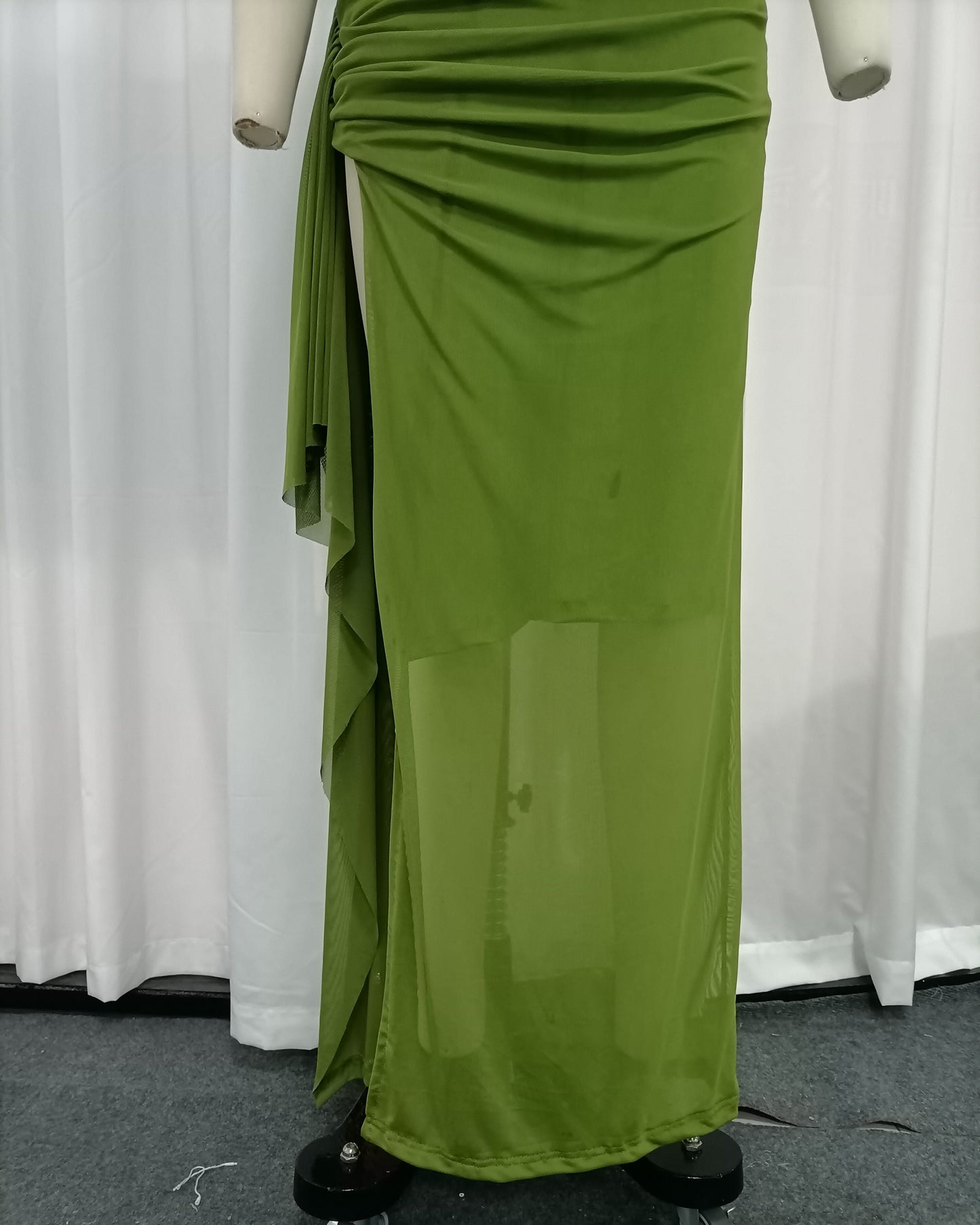 Green Sleeveless Ruched Mesh High Slit Maxi Dress