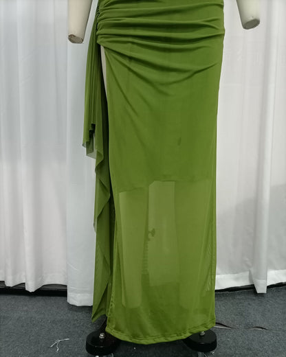 Green Sleeveless Ruched Mesh High Slit Maxi Dress