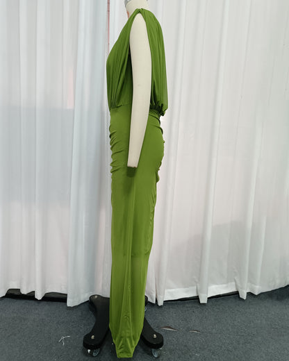 Green Sleeveless Ruched Mesh High Slit Maxi Dress