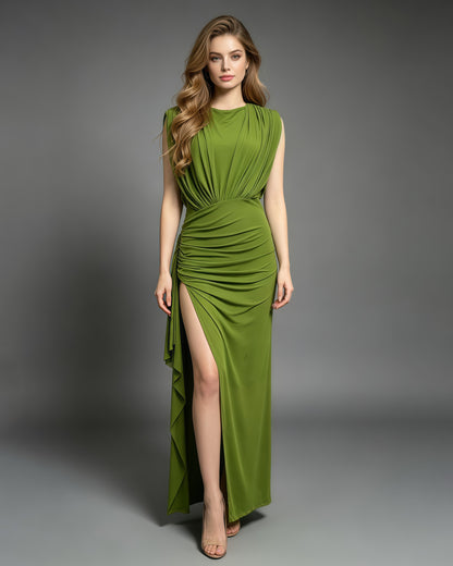 Green Sleeveless Ruched Mesh High Slit Maxi Dress