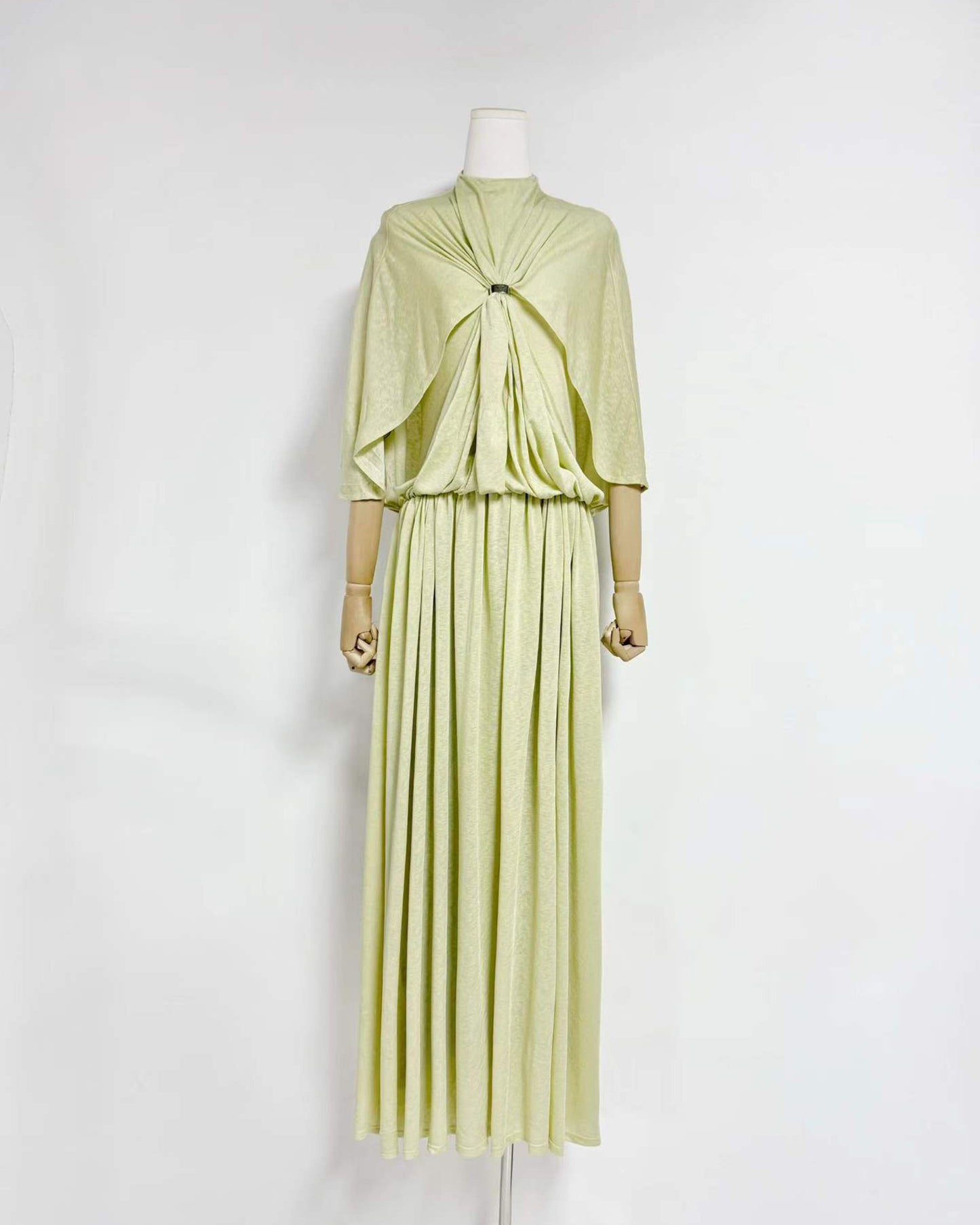 Green Stand Collar Metal Buckle Ruched Tunic Maxi Dress