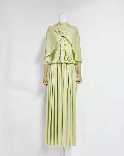Green Stand Collar Metal Buckle Ruched Tunic Maxi Dress