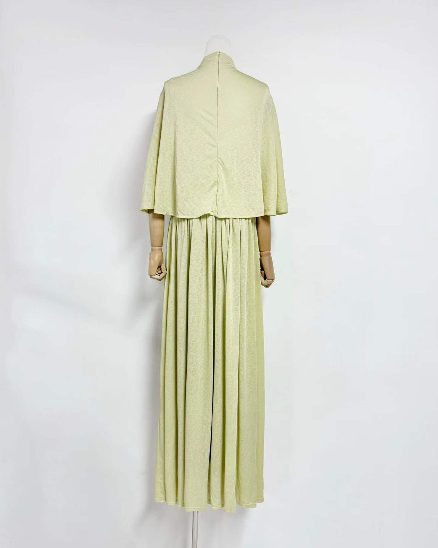 Green Stand Collar Metal Buckle Ruched Tunic Maxi Dress