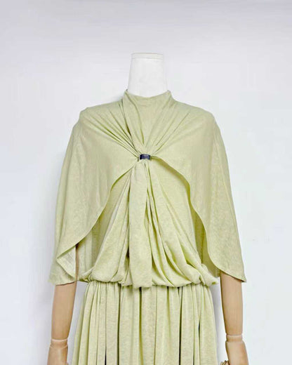 Green Stand Collar Metal Buckle Ruched Tunic Maxi Dress