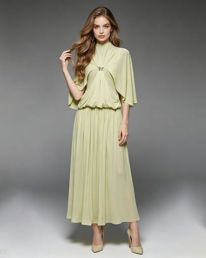 Green Stand Collar Metal Buckle Ruched Tunic Maxi Dress