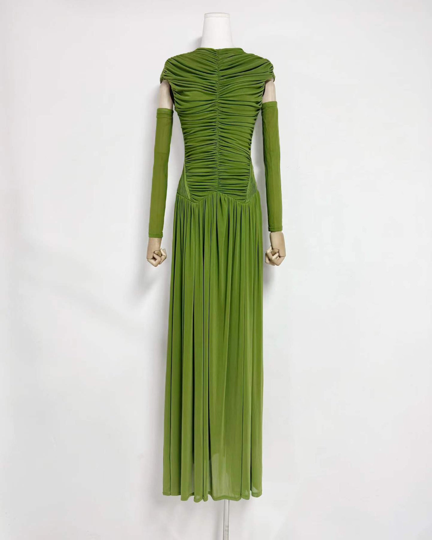 Green Stand Collar Ruched Maxi Dress