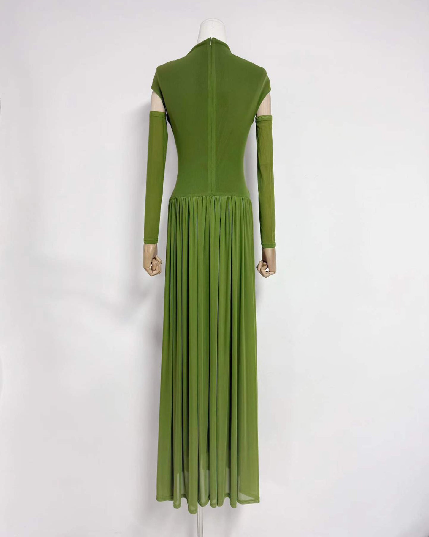 Green Stand Collar Ruched Maxi Dress