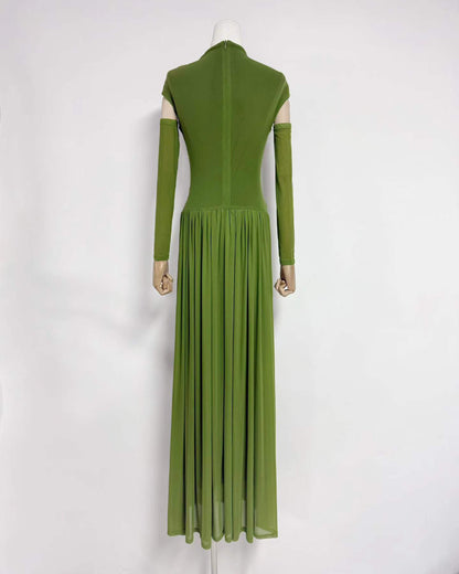 Green Stand Collar Ruched Maxi Dress