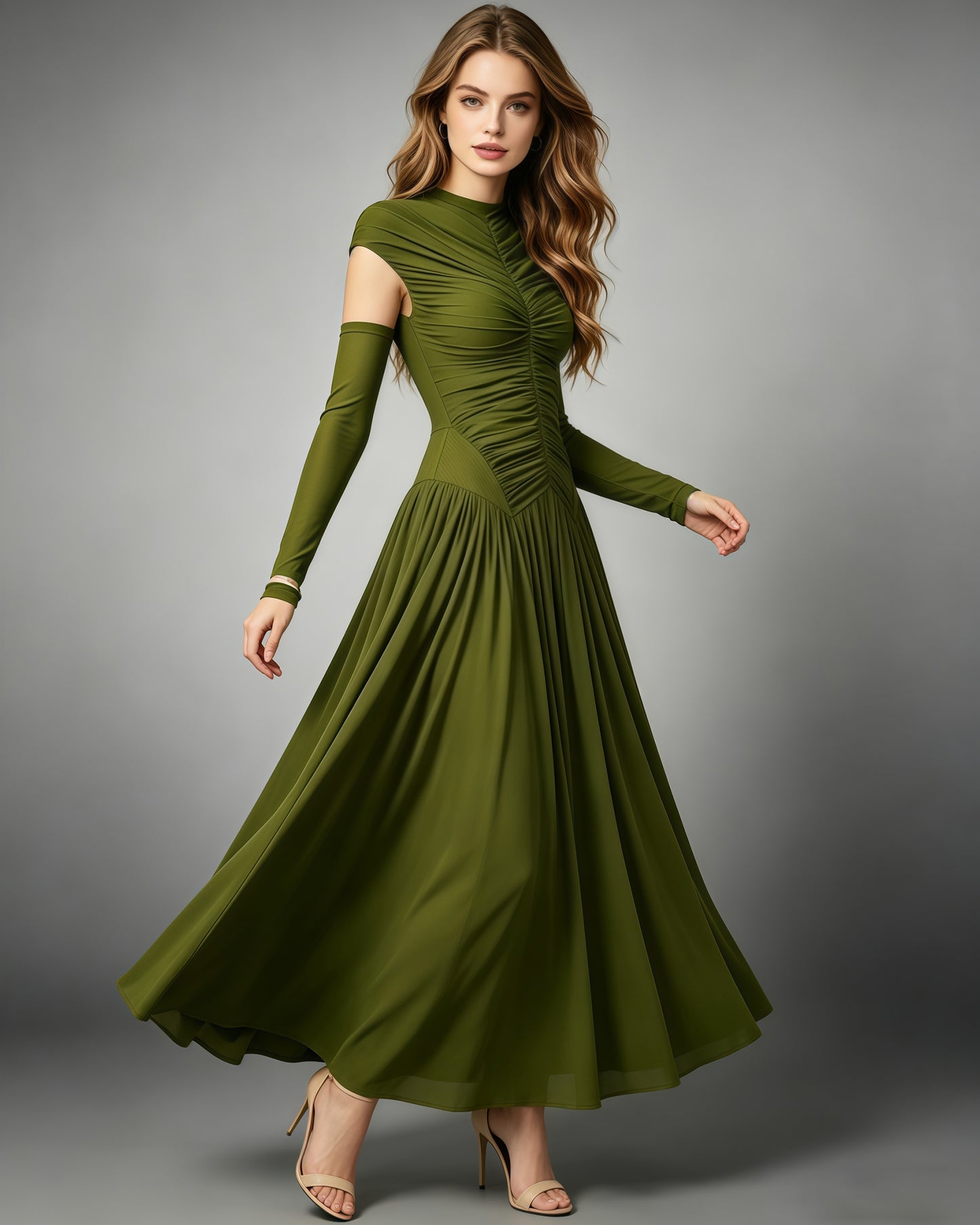 Green Stand Collar Ruched Maxi Dress