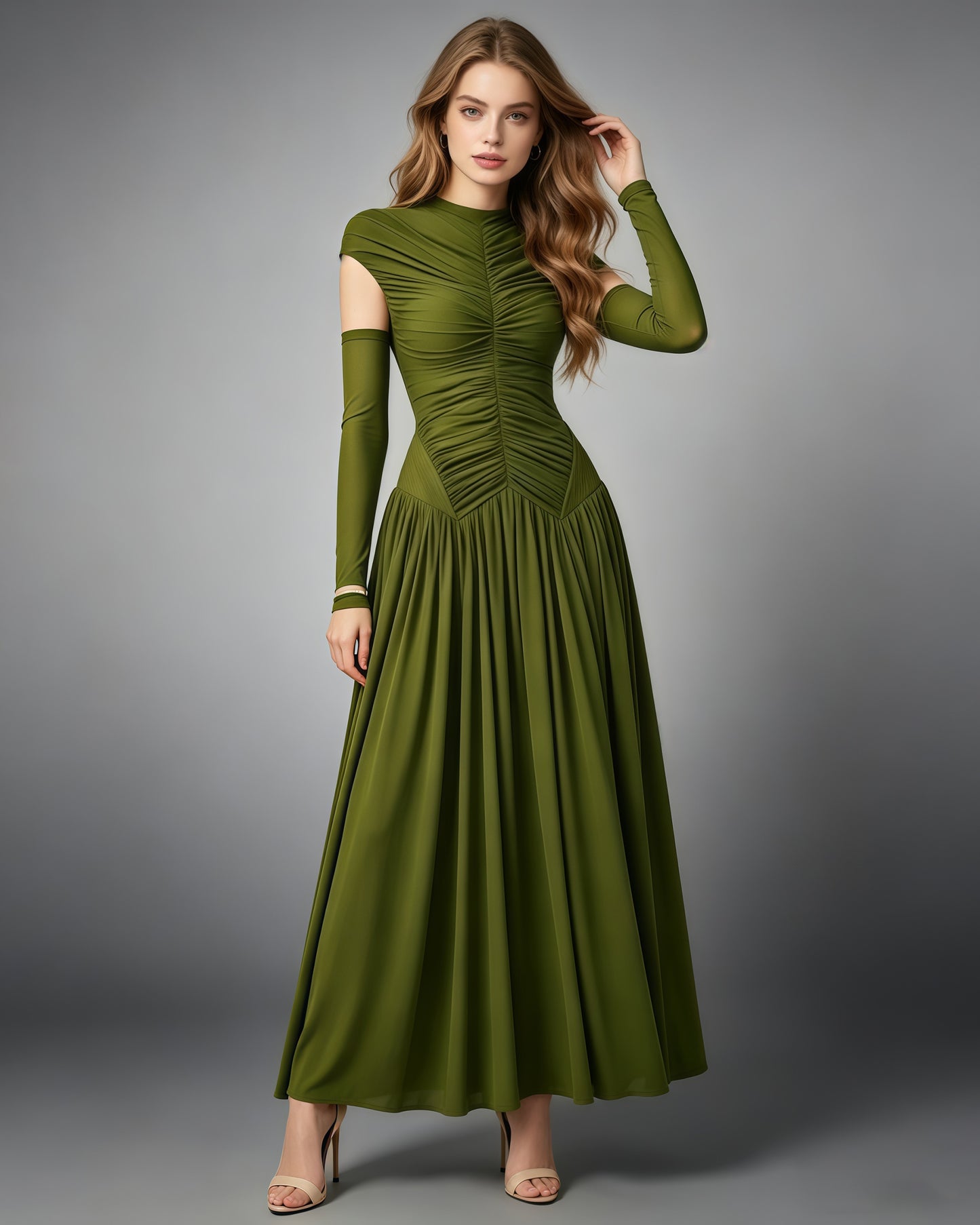 Green Stand Collar Ruched Maxi Dress
