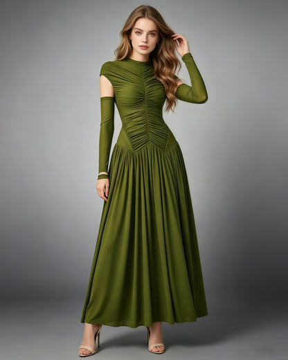 Green Stand Collar Ruched Maxi Dress