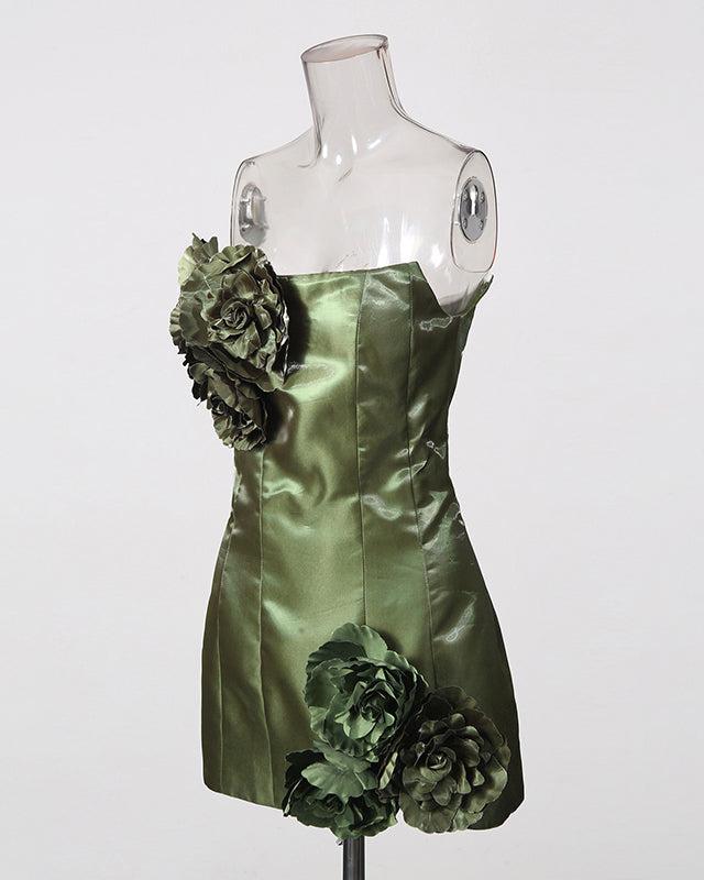 Green Strapless 3D Floral Mini Dress