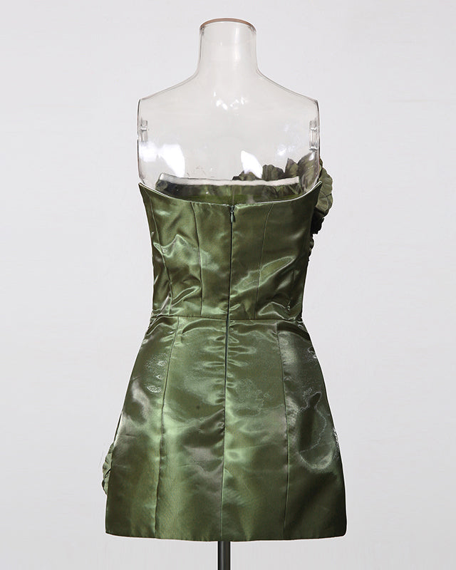 Green Strapless 3D Floral Mini Dress